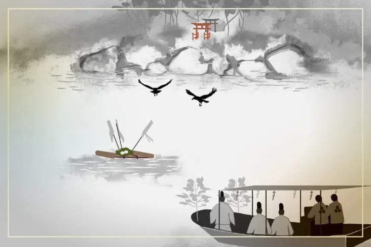 illustration de l'île d'Itsukushima avec un ancien bateau de style japonais